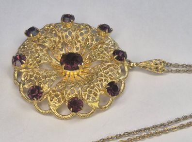 Vintage 1930s Art Deco Czech Purple Glass Pendant Necklace Goldtone Filigree