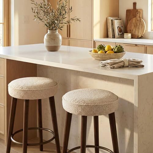 Set of 2 Chenille Bar Stools, 68cm Counter Height Upholstered Kitchen Bar Chairs with Solid Wood Legs