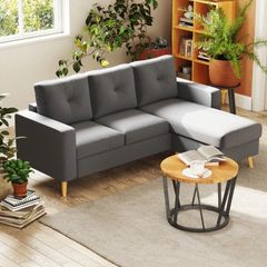 Scandi-style corner sofa, button-tufted, solid wood, linen-look