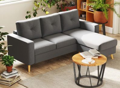 Scandi-style corner sofa, button-tufted, solid wood, linen-look