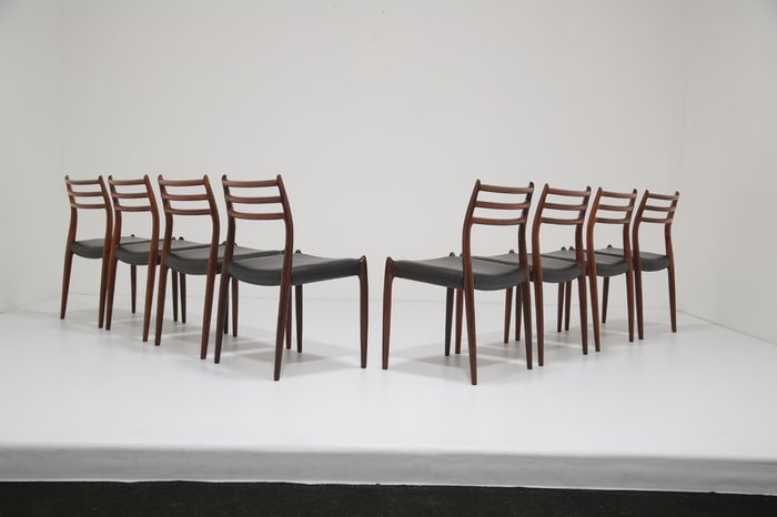 Vintage Set of 8 Rosewood and Leather Dining Chairs Model 78 by Niels Otto Moller, 1960s