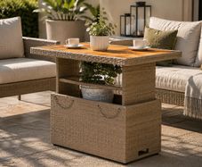 Poly Rattan Garden Table with Adjustable Acacia Wood Table Top