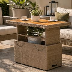 Poly Rattan Garden Table with Adjustable Acacia Wood Table Top
