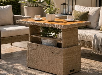 Poly Rattan Garden Table with Adjustable Acacia Wood Table Top