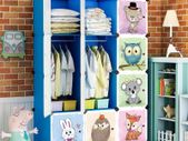 Cartoon Clothes Closet Wardrobe DIY Modular Storage Organizer, Sturdy and Safe for Children, 8 Cubes & 2 Hanging Sections, Blue, 110 x 47 x 147 cm