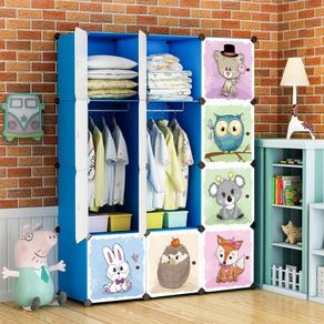 Cartoon Clothes Closet Wardrobe DIY Modular Storage Organizer, Sturdy and Safe for Children, 8 Cubes & 2 Hanging Sections, Blue, 110 x 47 x 147 cm