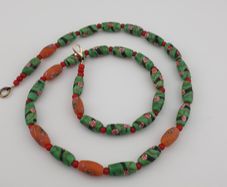 Antique Venetian Style Floral Parrot Green Glass Beads Necklace