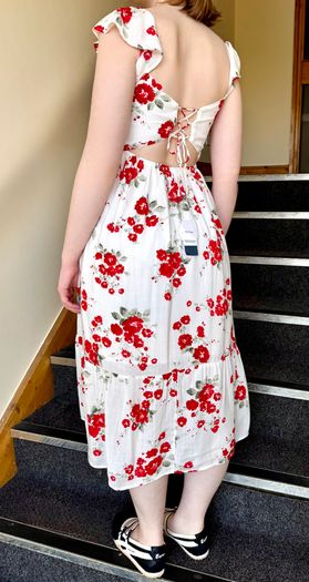 Hollister White & Red Floral Midi Dress With Lace-Up Back And Slit - Size S/8