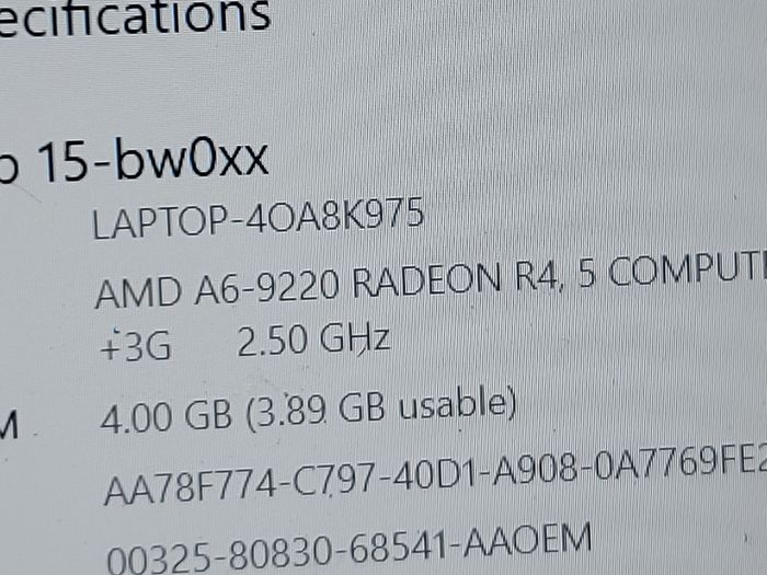 HP 15.6 inch Laptop, Model 15-bw059sa, AMD A6-9220 Radeon R4, 5 Compute Cores 2C plus 3G, 2.5GHz, 4GB Ram, 1 Terrabyte HDD, Windows 10, Microsoft Edge, Chrome, and VLC