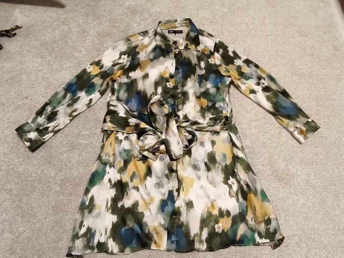 Zara Abstract Watercolor Print Belted Shirt Dress - Size M
