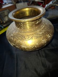 Antique Brass Lota Holy Water Pot, features intricate hand-etched foliage engravings, Postage Available or Collection
