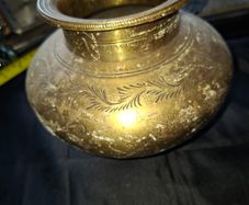 Antique Brass Lota Holy Water Pot, features intricate hand-etched foliage engravings, Postage Available or Collection