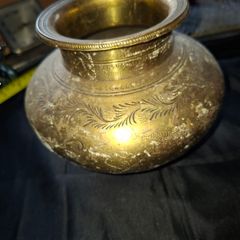Antique Brass Lota Holy Water Pot, features intricate hand-etched foliage engravings, Postage Available or Collection