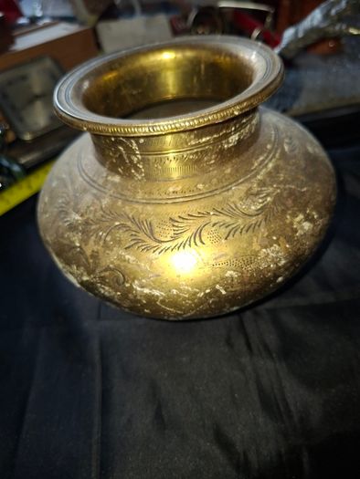 Antique Brass Lota Holy Water Pot, features intricate hand-etched foliage engravings, Postage Available or Collection