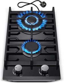 Gas Hob 2 burners, 30cm Built in 2 Burners Gas on Glass Hob, NG/LPG Gas Hob Convertible, Gas Cooktop with Flame