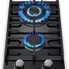 Gas Hob 2 burners, 30cm Built in 2 Burners Gas on Glass Hob, NG/LPG Gas Hob Convertible, Gas Cooktop with Flame