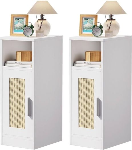 Slim Bedside Table Set of 2, Rattan Nightstand with Open Compartments and Cupboard for Small Spaces, Small Narrow Side End Table for Bedroom Living Room, White