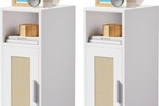 Slim Bedside Table Set of 2, Rattan Nightstand with Open Compartments and Cupboard for Small Spaces, Small Narrow Side End Table for Bedroom Living Room, White