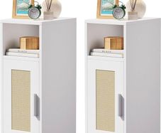 Slim Bedside Table Set of 2, Rattan Nightstand with Open Compartments and Cupboard for Small Spaces, Small Narrow Side End Table for Bedroom Living Room, White