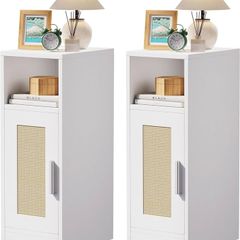 Slim Bedside Table Set of 2, Rattan Nightstand with Open Compartments and Cupboard for Small Spaces, Small Narrow Side End Table for Bedroom Living Room, White