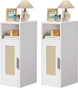 Slim Bedside Table Set of 2, Rattan Nightstand with Open Compartments and Cupboard for Small Spaces, Small Narrow Side End Table for Bedroom Living Room, White