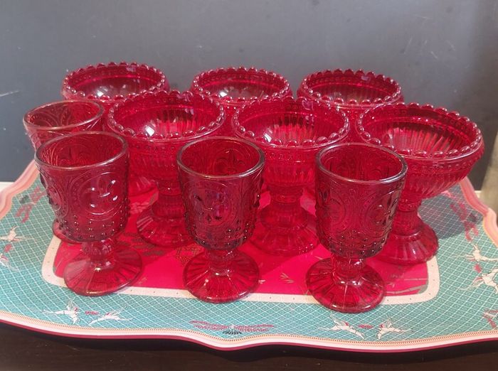 Fabulous Vintage Retro Set of Six Matching Red Sundae Glasses with a Relief Pattern Very Similar to the Very Popular Iittala Marimekko Maribowl Glasses in Cranberry - Perfect for Halloween