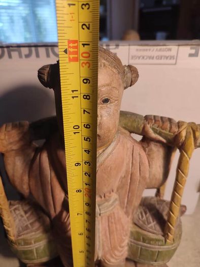 Chinese Polychrome Wood Carving of Boy Carrying Turtles