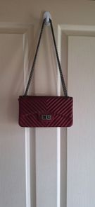 Matte Burgundy Red Chevron Flap Shoulder Handbag with Gunmetal Chain