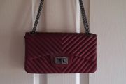 Matte Burgundy Red Chevron Flap Shoulder Handbag with Gunmetal Chain