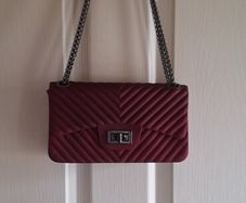 Matte Burgundy Red Chevron Flap Shoulder Handbag with Gunmetal Chain