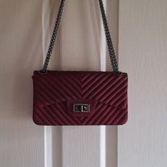 Matte Burgundy Red Chevron Flap Shoulder Handbag with Gunmetal Chain