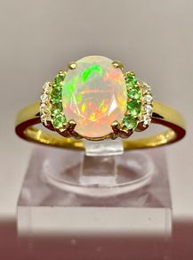 Ethiopian Opal, Tsavorite Garnet & White Zircon Ring