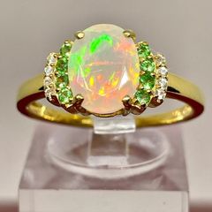 Ethiopian Opal, Tsavorite Garnet & White Zircon Ring
