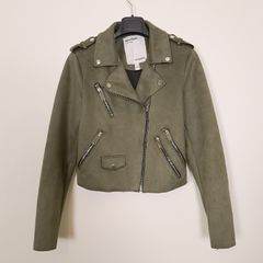 River Island Olive Khaki Green Faux Suede Biker Jacket 12UK/40EU