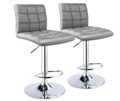 Modern Bar Stools Set of 2 Leatherette   Exterior,Double Needle Sewing,Height Adjustable,Chrome Footrest and Base,Bar Chairs for Kitchens,Counter and Home (Grey)