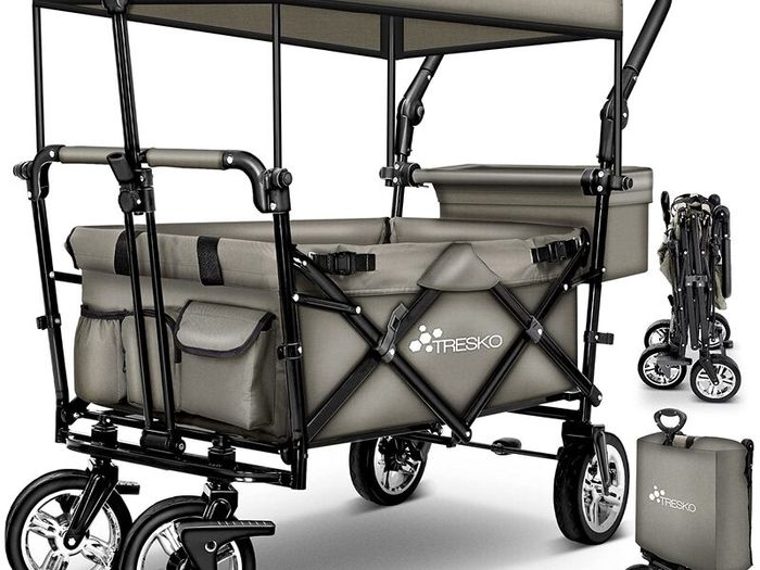 folding handcart with roof, handcart with 3-point belt system, foldable garden trolley, transport trolley with solid rubber tyres, brake and carry bag, green