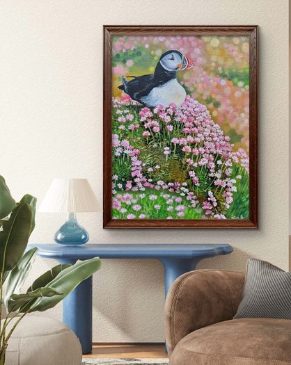 Puffin in the Sea Pinks | oil painting | framed