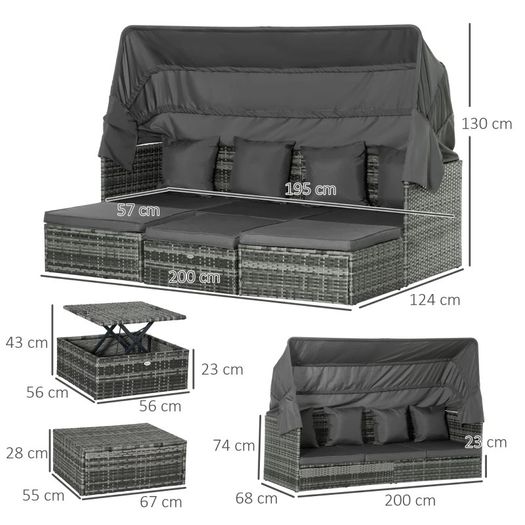 4 Piece Outdoor Rattan Wicker Sofa Set Adjustable Conopy & Coffee Table Sectional Patio Conversation Furniture Set w/ Cushions Grey (FREE POSTAGE)