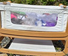 SnuzPod Bedside Crib with Snuz mattress + baby bath + accessories