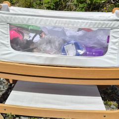 SnuzPod Bedside Crib with Snuz mattress + baby bath + accessories