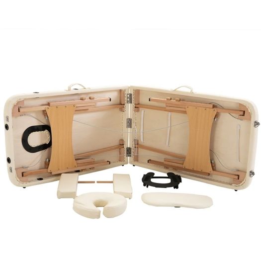 Portable Massage Bed, Foldable Spa Beauty Massage Table with 2 Sections, Carry Bag and Wooden Frame, Cream White