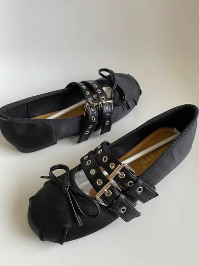 Womens Black Satin Ballerina Buckle Flats MIU MIU Style Ballet Shoes EU 38 NEW