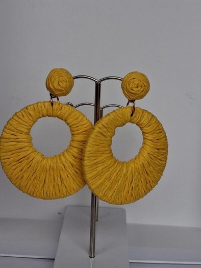 Golden Yellow Raffia Woven Stud Hollow Out Woven Hoop Earrings