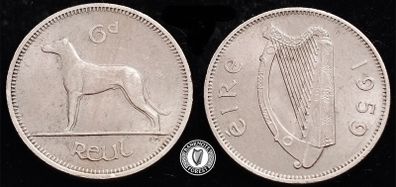 [#495] - Ireland 1959 | 6 Pence | Irish 6d | Wolfhound | KM.13a
