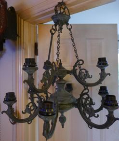 Vintage Chandelier 9 Bulbs Arms  Brass/Bronze  (green patina) H-26" x 23"