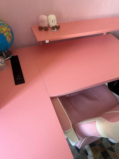 L Shaped Desk with Power Outlets & LED Lights & Pink Gaming Chair for Girls