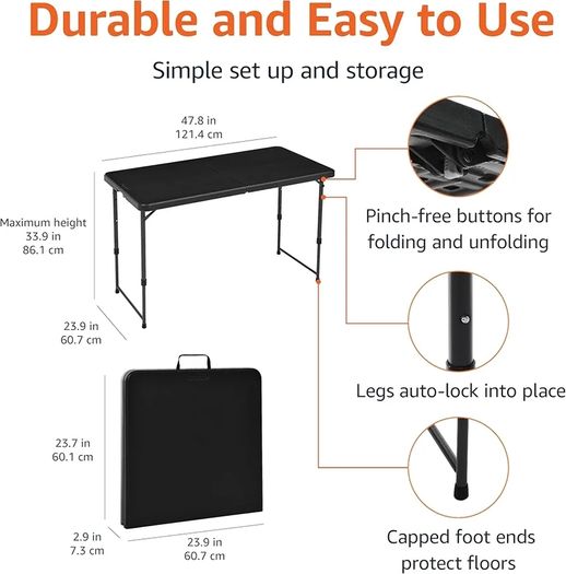 Basics 4-Foot Folding Table with Adjustable Height, Lightweight Portable Folding Tables for Indoor & Outdoor, Auto-Locking Legs, Carrying Handle, 121.4 x 60.7 x 86.1 cm, Black