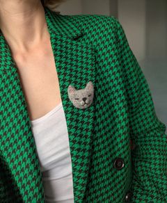 Handmade Wool Cat Brooch "Sleepy Grey Cat"