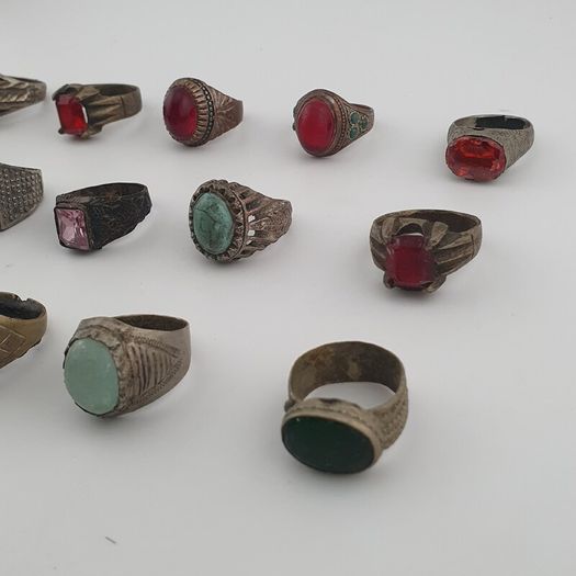 Lot of 15 Antique Tribal Style Brass Rings Mixed Stone & Colourful Glass