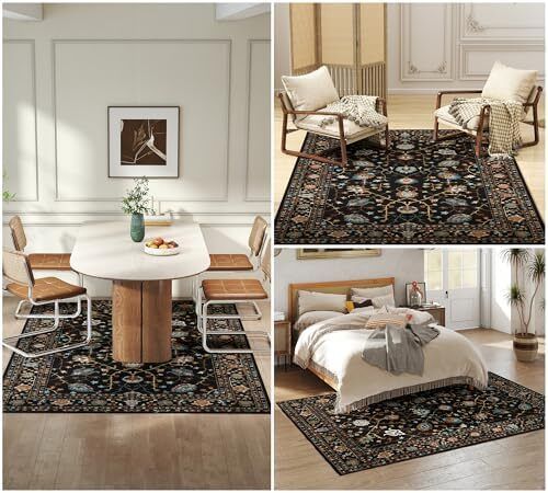 Traditional Living Room Rug, Large Black Rug for Bedroom, 160 x 230 cm, Soft Short Pile Vintage Floral Area Rug, Machine Washable Kitchen Carpet with Non-Slip Backing